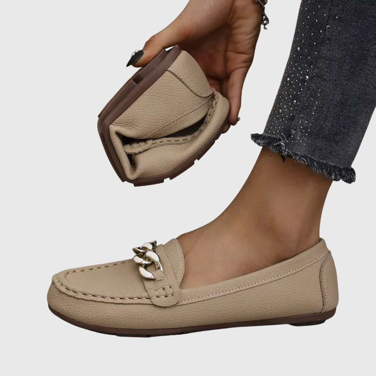 Women's Casual Slip-On Flat Loafers with Gold Chain Detail