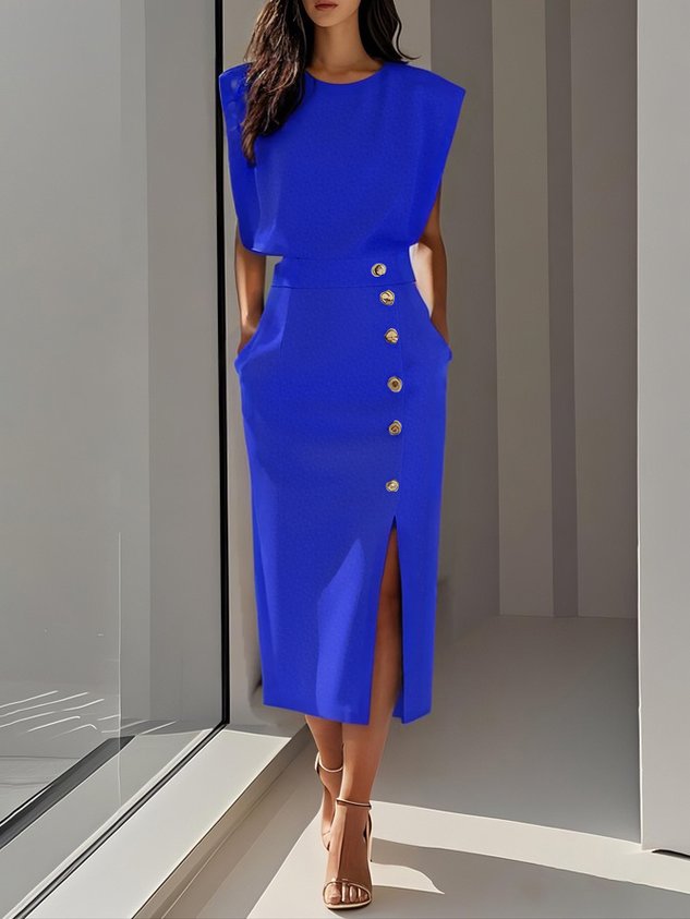 Audrey | Women’s Button Detail Sleeveless Midi Dress