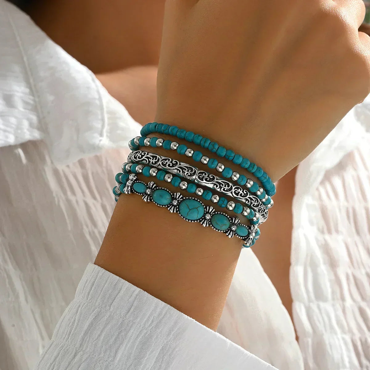 Selavienne™ Pulseras Bohemias Con Cuentas Verdes Y Turquesa