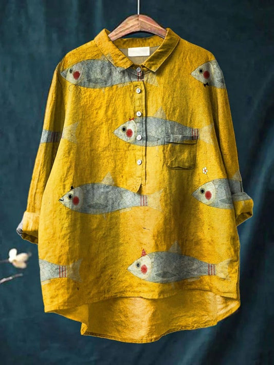 Damen Vintage Fischen Kunstdruck Lässiges Leinen Shirt