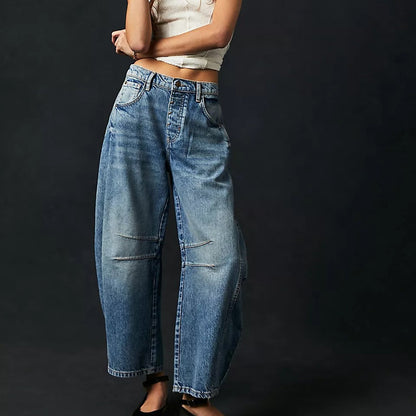 Jean Barrel Large Jambe Large Taille Moyenne Stretch Femme – Denim Décontracté Baggy