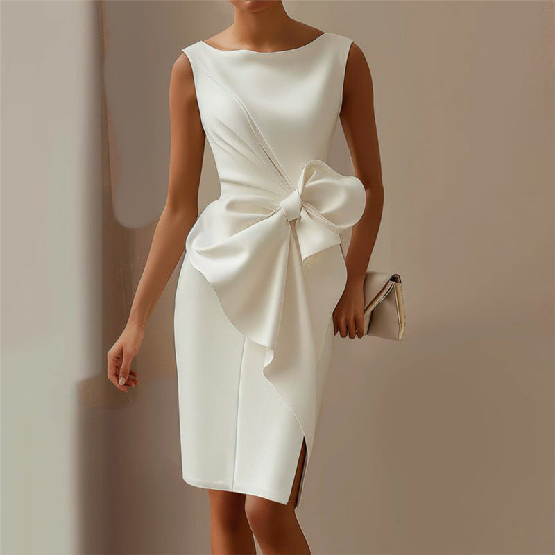 Women’s Solid-Color Bowknot Dress – Elegant Slim Sleeveless Casual & Office Party Outfit