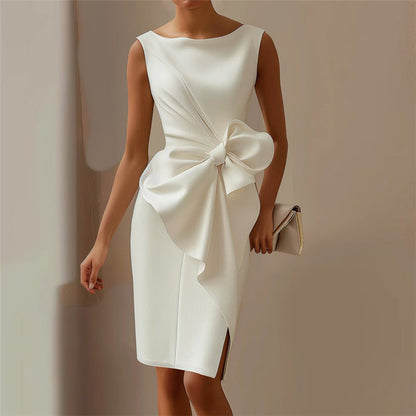 Women’s Solid-Color Bowknot Dress – Elegant Slim Sleeveless Casual & Office Party Outfit