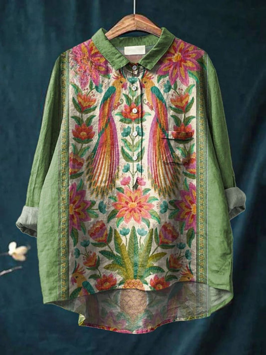 Damen Vintage Süße Blumen Vögel Kunstdruck Lässiges Leinen Shirt