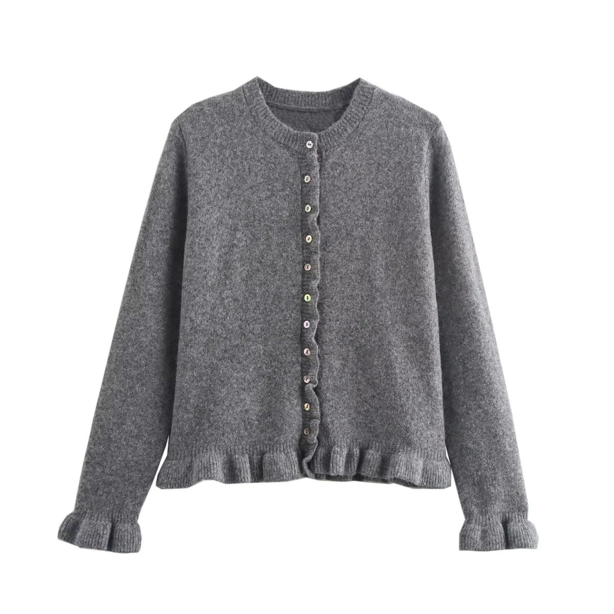 Ruffled women's cardigan with buttons, chic layered top