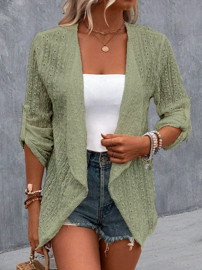 Women's Eyelet Roll-Tab Sleeve Cardigan