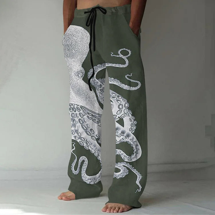 Japanse Art Octopus Print Casual Linnen Broek