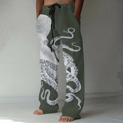 Japanse Art Octopus Print Casual Linnen Broek