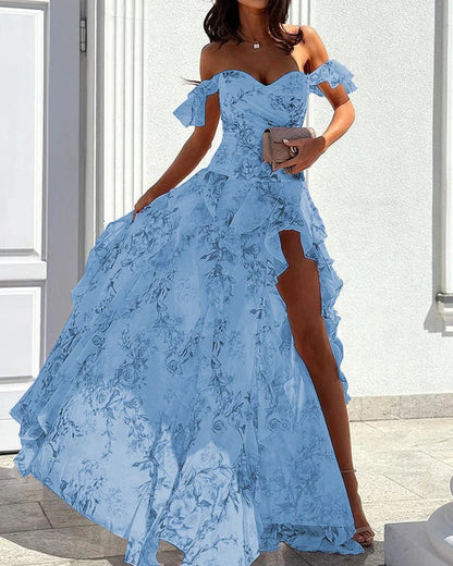 Julia - Off Shoulder Maxi-jurk met zijsplit en ruches