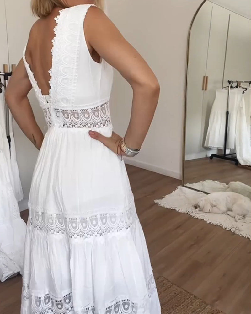 Robe midi femme dentelle col V sans manches fluide élégante été