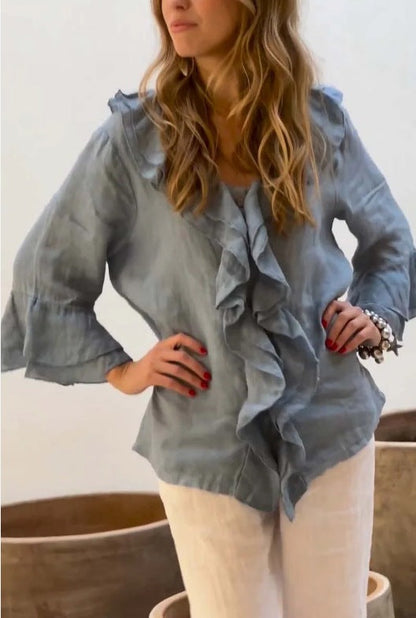 Blusa com decote em V e mangas franzidas