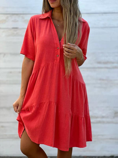 Robe Courte Femme Lin Coton Coupe Ample Col V Boutonné Été