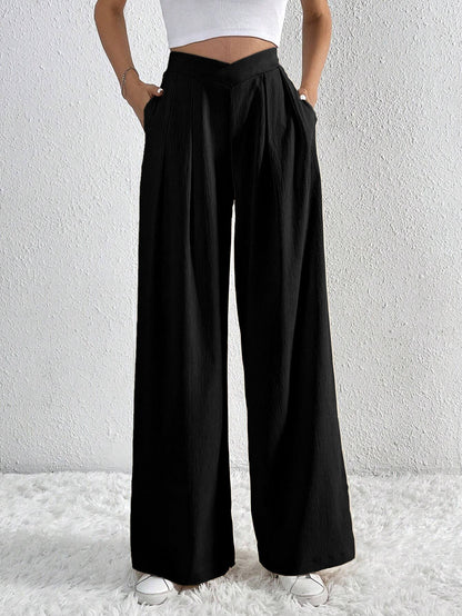 Pantalon Large Plissé Taille Haute Femme – Style Décontracté d’Été