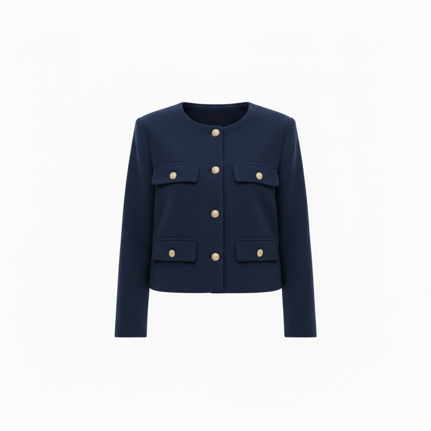 Veste en Polyester à Col Rond avec Boutons Dorés et Poches pour Femme