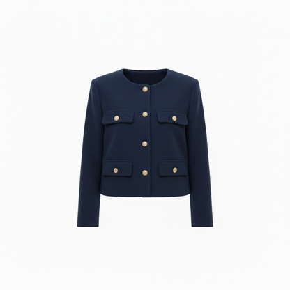 Veste en Polyester à Col Rond avec Boutons Dorés et Poches pour Femme