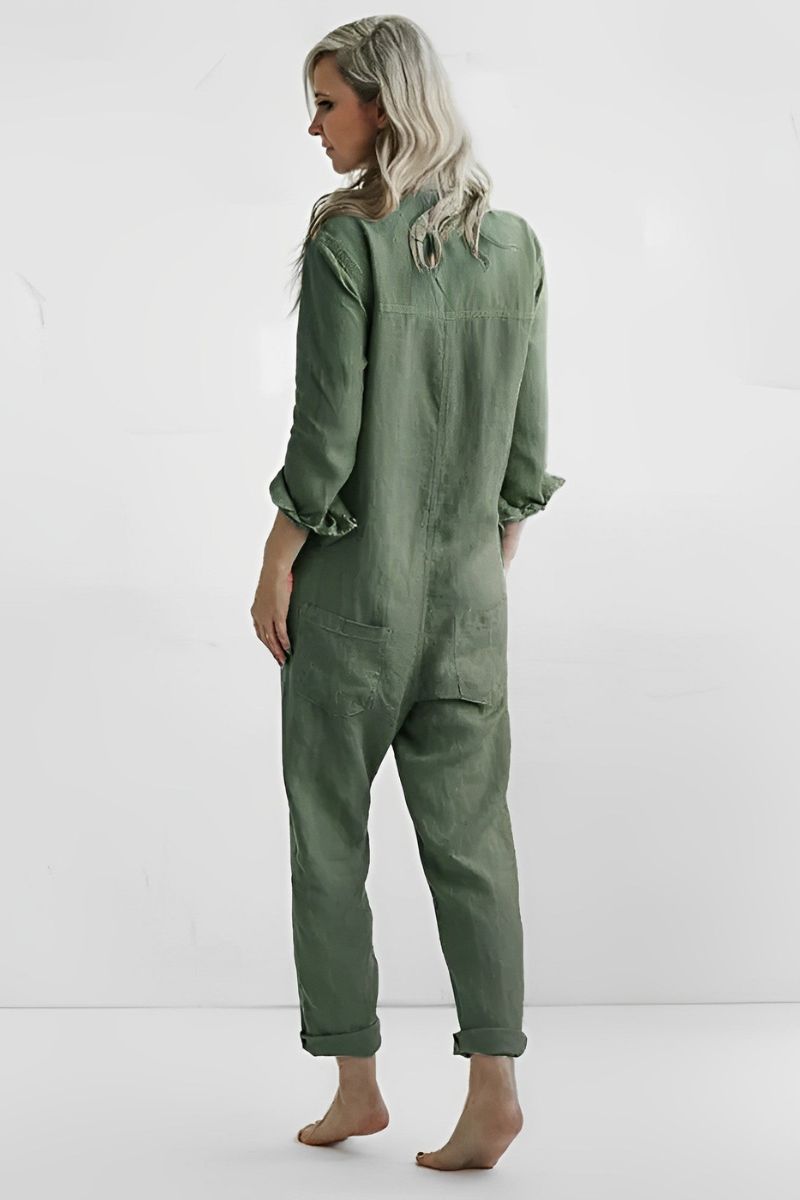 Audrey Casual Langærmet Button Up Jumpsuit | Flatterende pasform med brystlomme | Perfekt til både afslappede og elegante lejligheder