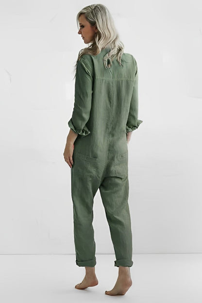 Audrey Casual Langærmet Button Up Jumpsuit | Flatterende pasform med brystlomme | Perfekt til både afslappede og elegante lejligheder