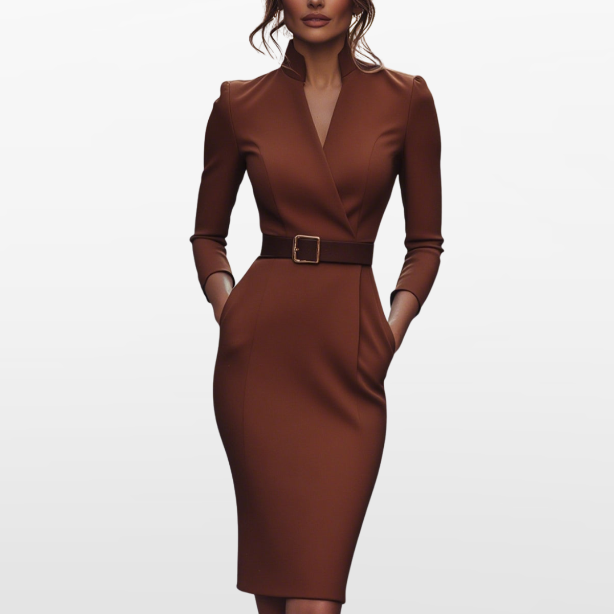 Women Tailored Midi Dress Belted Silhouette