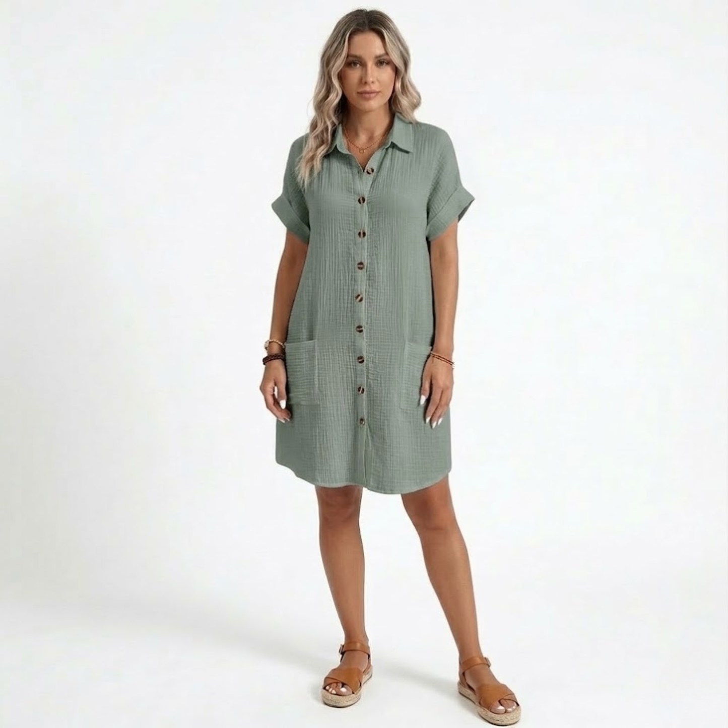 Robe Courte en Coton et Lin avec Col en V et Manches Trois-Quarts pour Femmes