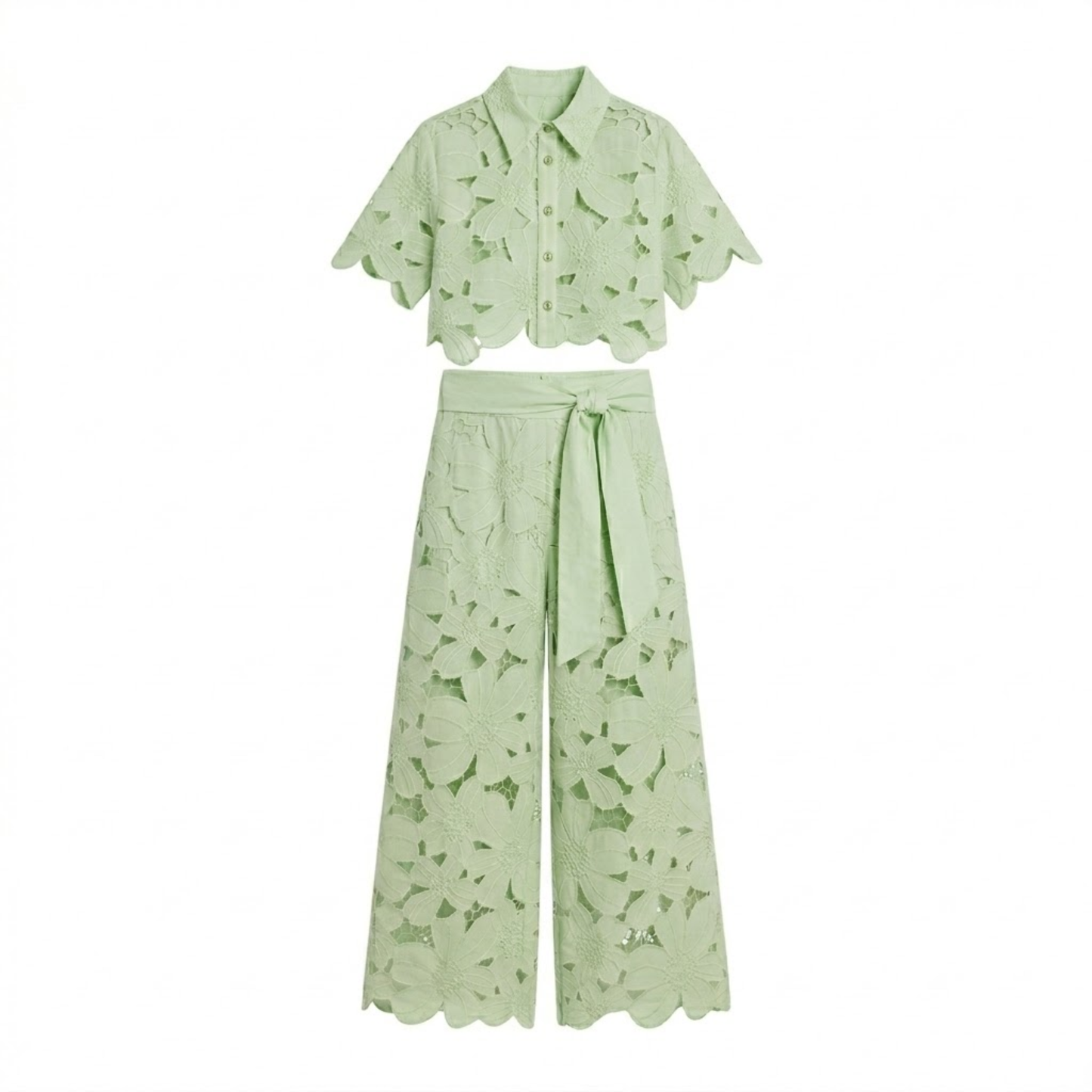 Ensemble Deux Pièces Femme avec Haut Court en Dentelle et Pantalon Large