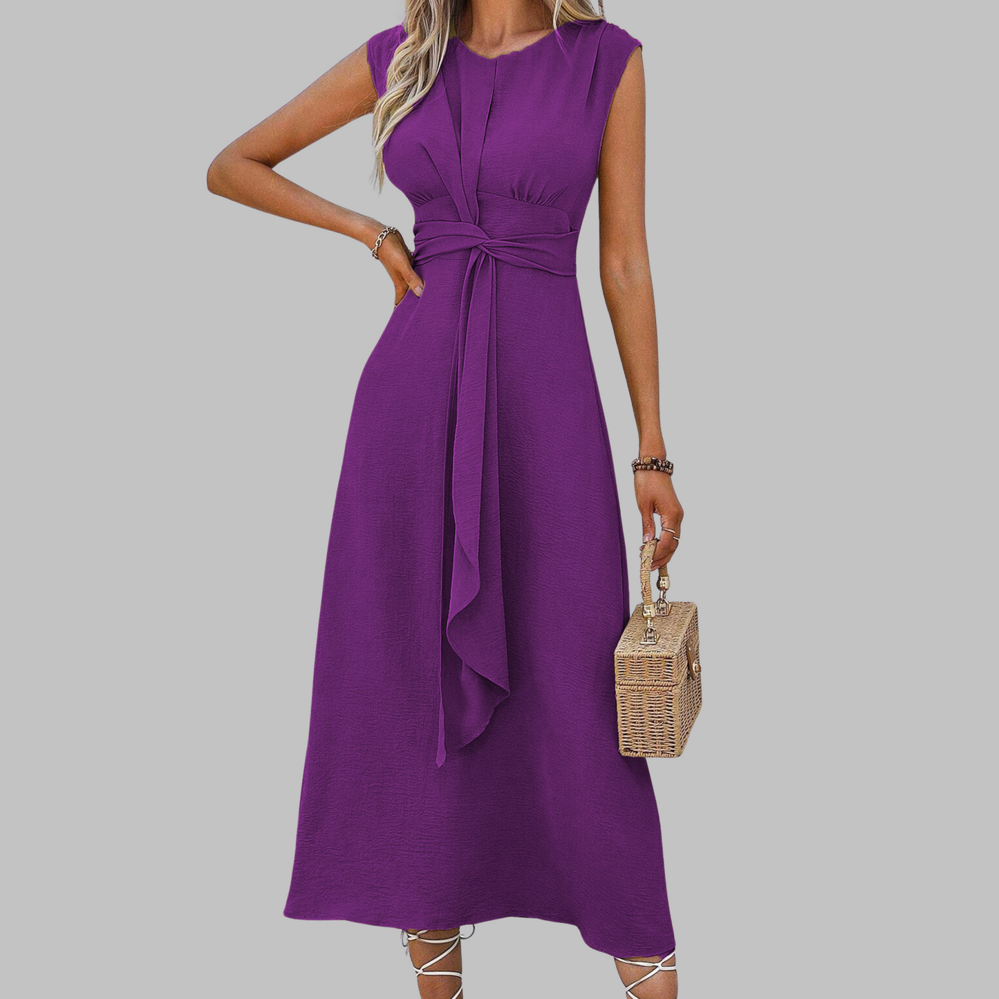 Women's Belted Midi Dress Sleeveless Round Neck A-Line