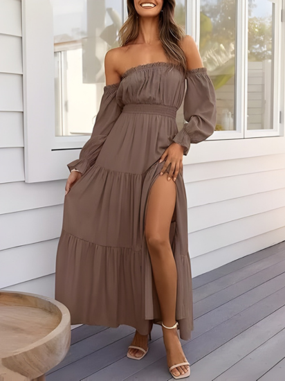 Robe longue bohème à épaules dénudées pour femme – Robe d'été trapèze fendue et à volants