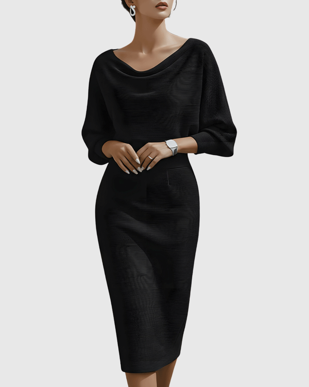 Women's Cowl Neck Batwing Sleeve Ribbed Midi Dress
