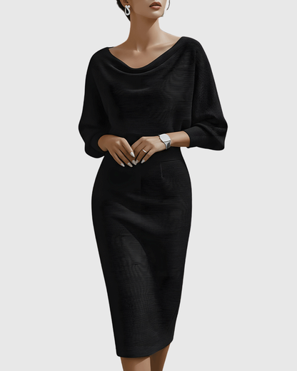 Women's Cowl Neck Batwing Sleeve Ribbed Midi Dress