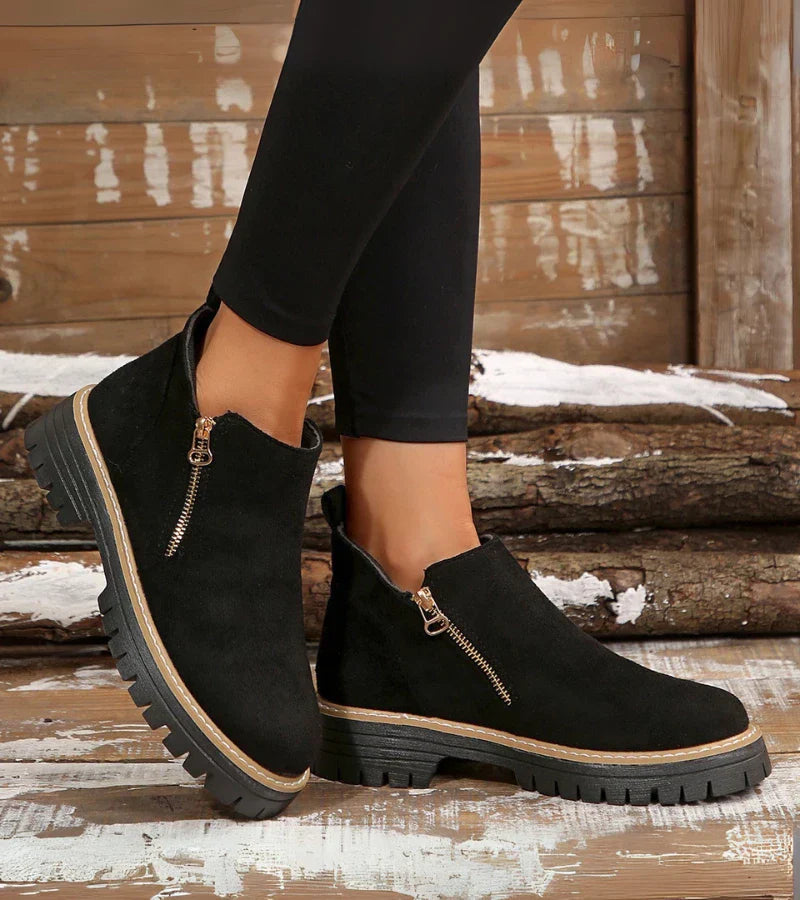 Bottines Confort Femme – Bout Rond avec Plateforme et Fermeture Zippée