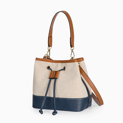 Canvas-Eimer-Tasche mit veganem Lederbesatz und Kordelverschluss