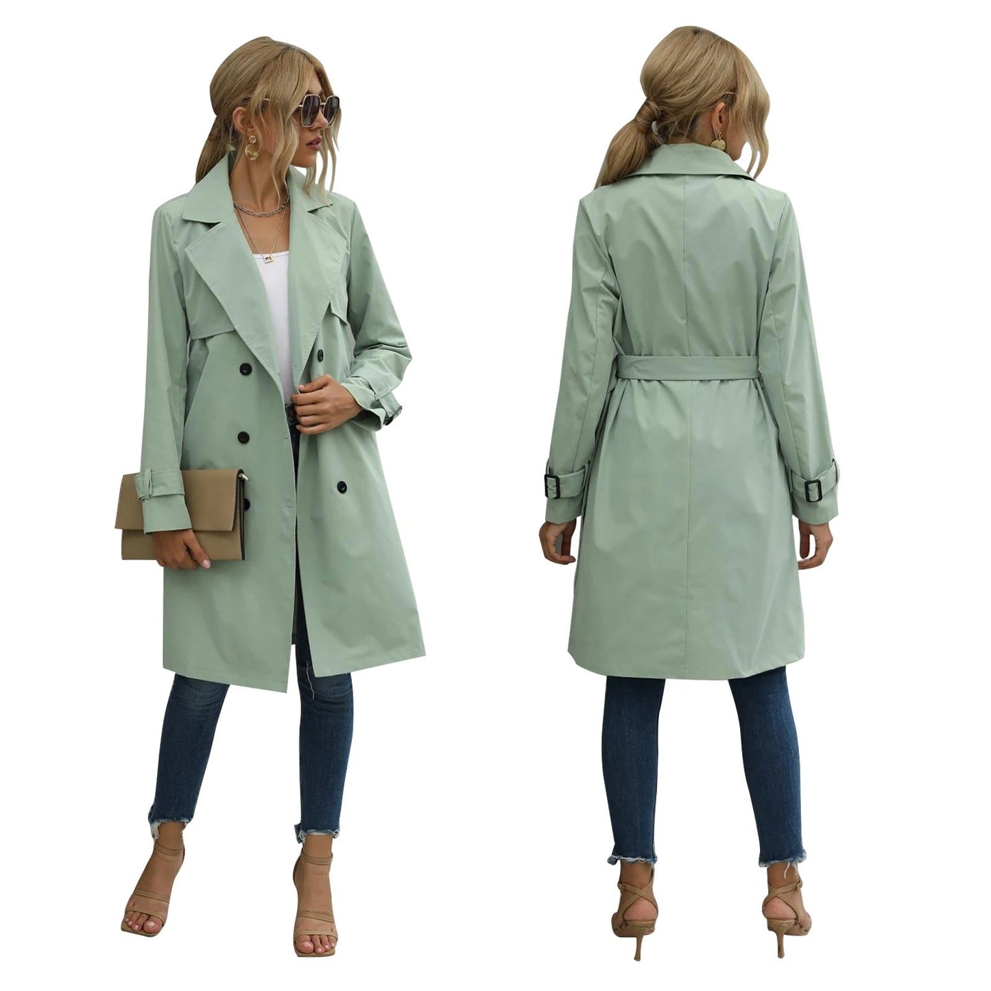 MEELANO Dame Knælængde Trenchcoat til Kvinder Casual Stilfuld Grøn