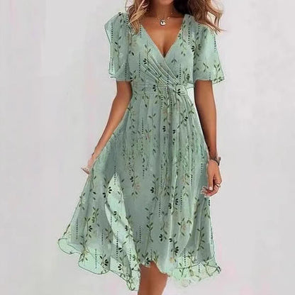 Robe Midi Femme Cache-Cœur à Fleurs – Style A-Line à Manches Courtes