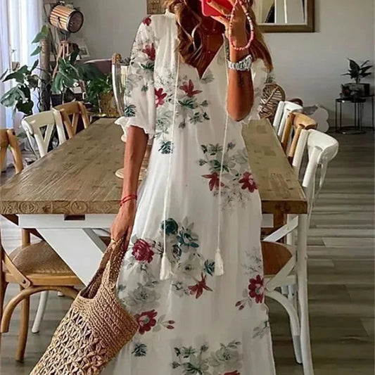 Damen-Maxikleid mit Blumenmuster und V-Ausschnitt