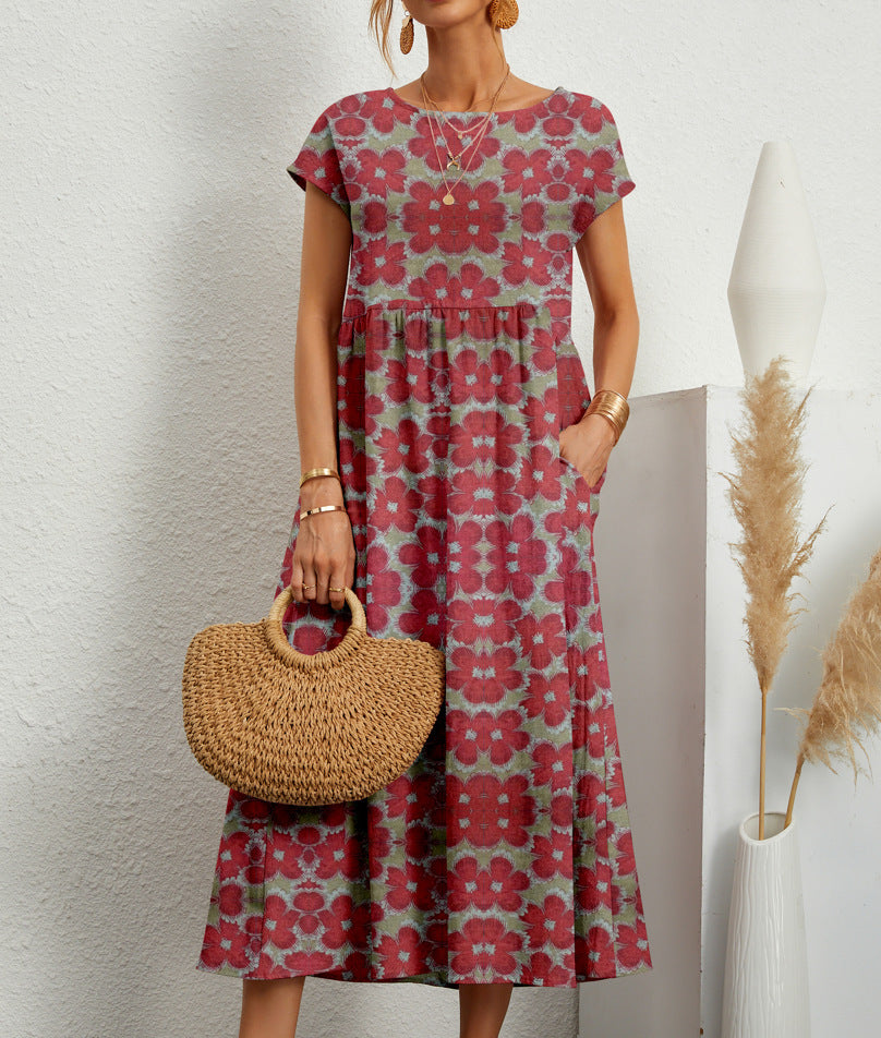 Women's Short-Sleeve Printed Midi Dress