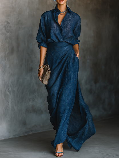 Chic Dark Blue Long Skirt and Shirt Set