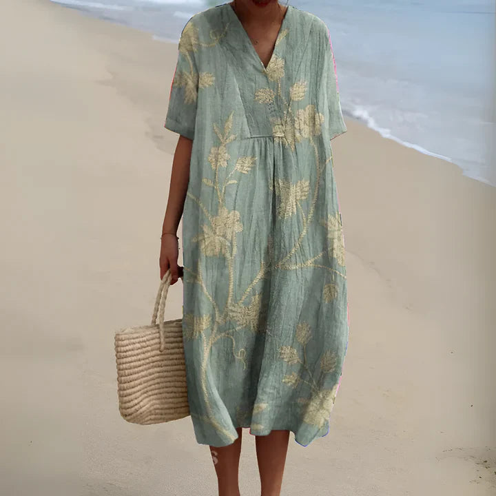 Olalla | V-Neck Linen Beach Midi Dress