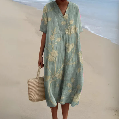 Olalla | V-Neck Linen Beach Midi Dress