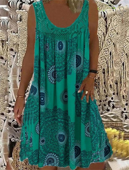 Frauen Sommer O-Ausschnitt ärmelloses Print Kleid