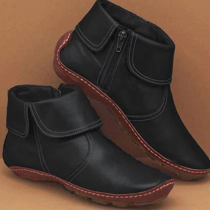 Women's Leather Ankle Boots Slip-On Comfort Shoes with Side Zipper