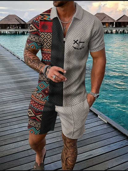 Xylaric | Casual tweedelige set voor heren – T-shirt met reverskraag en korte broek met trekkoord