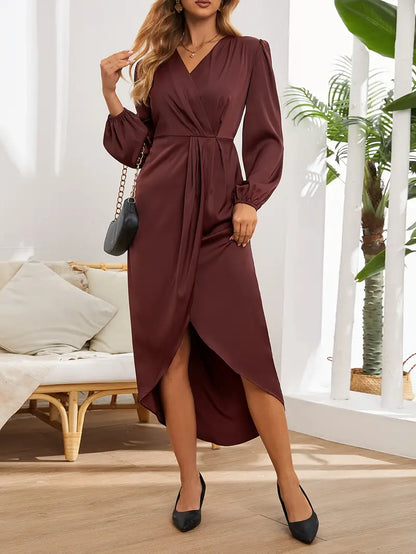 Dress Linen Blend Wrap Midi Long Sleeve Spring Women’s Casual Work Dress