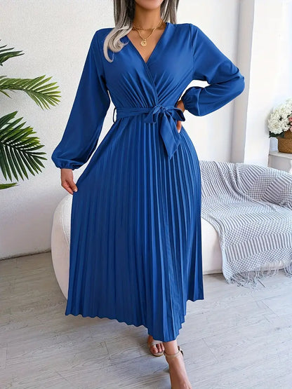 Robe Midi Portefeuille Plissée Femme – Manches Longues Col V Style Élégant