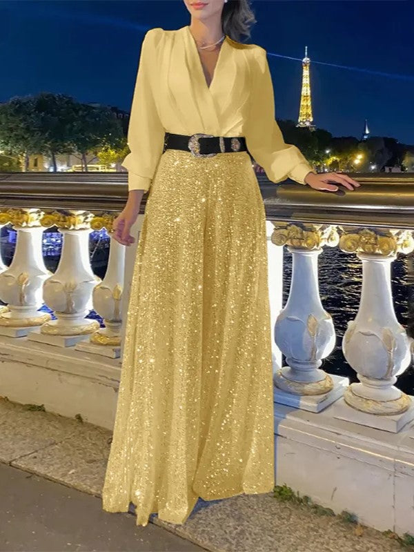 Chelsea | Elegante Langarmshirt mit Pailletten-Palazzo-Hose