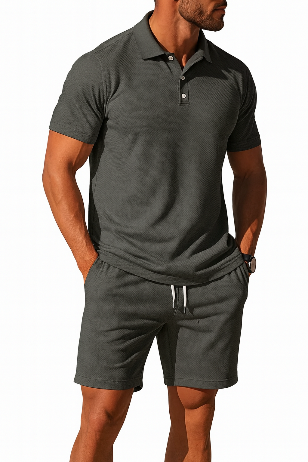 Men's Knit Polo and Shorts Set Linen Blend Co-ord Two Piece Outfit