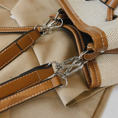 Canvas-Eimer-Tasche mit veganem Lederbesatz und Kordelverschluss