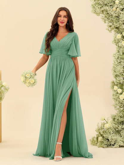 Abito Lungo in Chiffon Elegante – Silhouette Fluida A-Line con Spacco Laterale e Volant