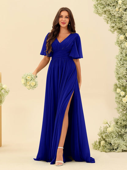 Abito Lungo in Chiffon Elegante – Silhouette Fluida A-Line con Spacco Laterale e Volant