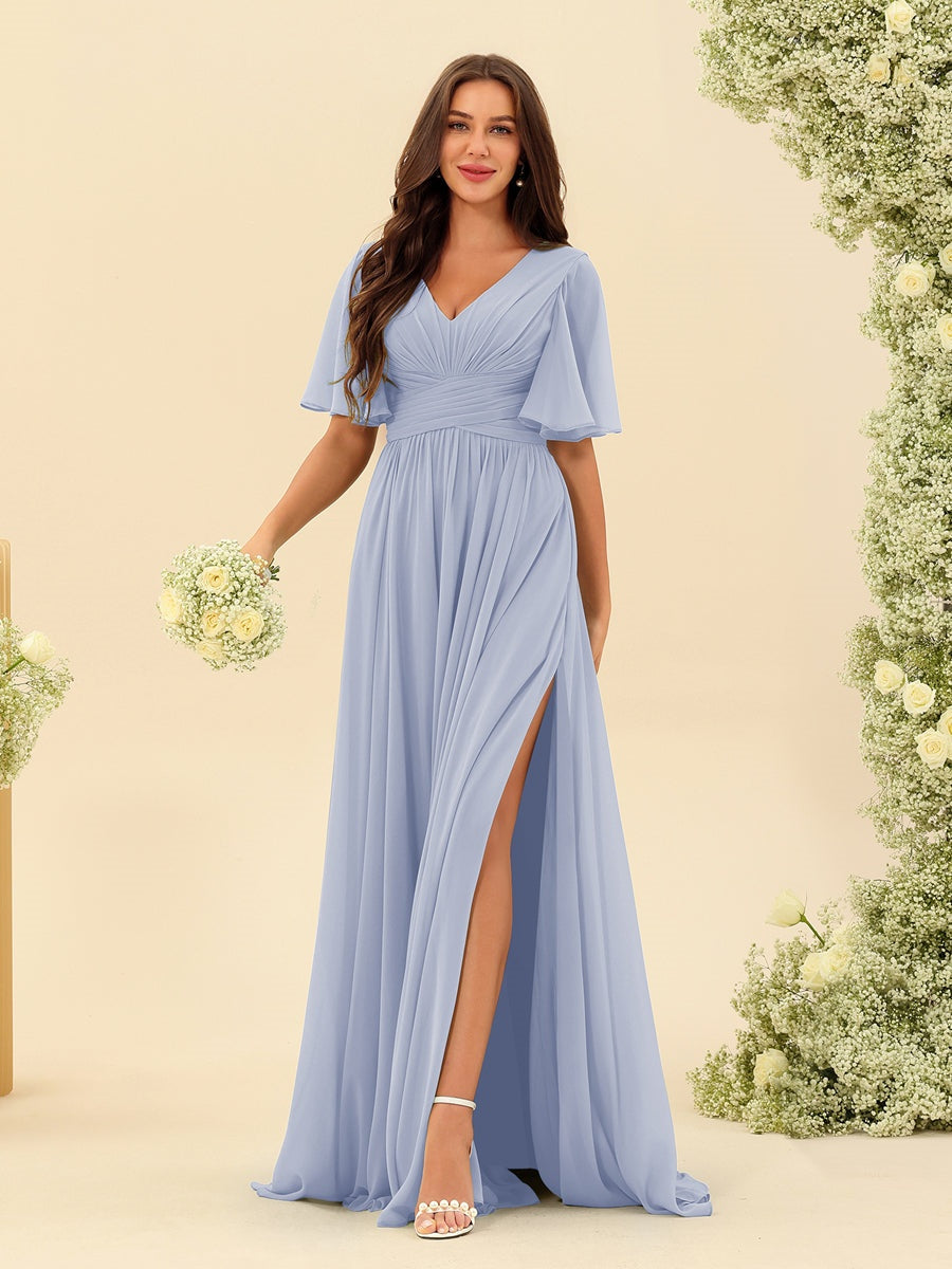 Abito Lungo in Chiffon Elegante – Silhouette Fluida A-Line con Spacco Laterale e Volant