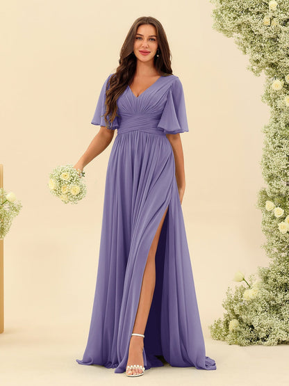 Abito Lungo in Chiffon Elegante – Silhouette Fluida A-Line con Spacco Laterale e Volant