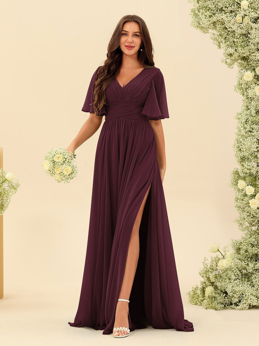Abito Lungo in Chiffon Elegante – Silhouette Fluida A-Line con Spacco Laterale e Volant